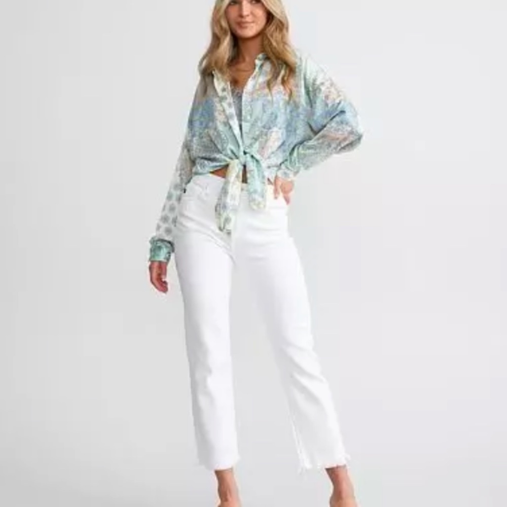New Kancan High Rise Cropped Straight Jeans 28x27 White Stretch Frayed Hem